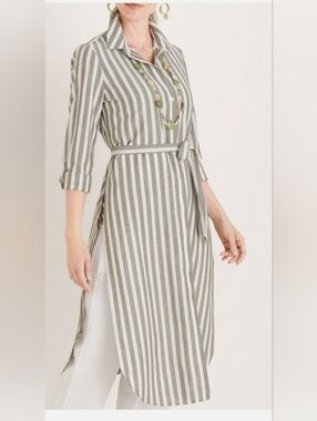Chicos Linen Blend Maxi Tunic Stripe Skies Top 3/4 Sleeve Tropic Olive Button Up